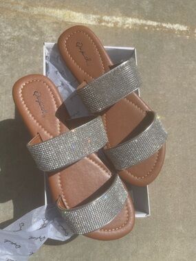 Qupid Beige Slide Sandals with Rhinestone Straps